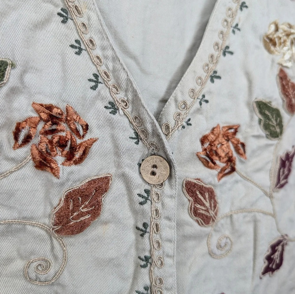 Vintage 90s Cream Khaki Button Front Embroidered Velvet Floral Fall Vest Women L - Picture 4 of 9
